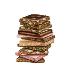 Chocolate stack illustration. Milk, dark, white, caramel and chocolate with nuts. Hand drawn watercolor illustration isolated on white background. 