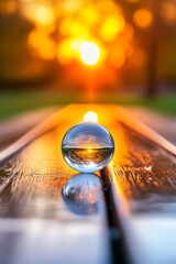 A water drop sitting on top of a wooden table