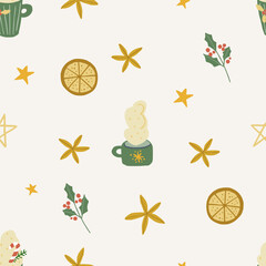 Christmas background with cute hand drawn cup, orange slices,star anise, brunches. Vector seamless pattern. Trendy winter print for textiles, wallpaper and packaging. Perfect for holiday decorations.