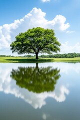 A lone tree is reflected in the water of a lake