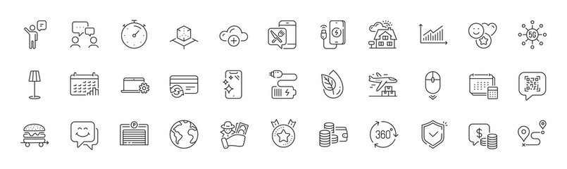 360 degree, Food app and Shield line icons. Pack of Qr code, Realtor, Food delivery icon. Ranking star, Cloud computing, Agent pictogram. People chatting, Delivery plane, Smile face. Vector