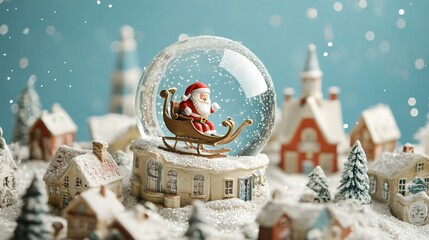 A picturesque snow globe with Santa in his sleigh flying over a peaceful village, isolated on a frosty blue background with silver sparkles