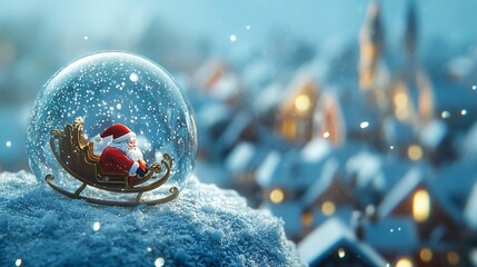 A picturesque snow globe with Santa in his sleigh flying over a peaceful village, isolated on a frosty blue background with silver sparkles