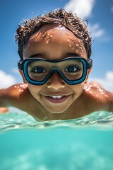 Naklejka premium A young boy wearing a pair of swimming goggles in the water