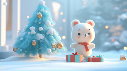 Adorable 3D winter scene featuring a cute white polar bear plush toy with a red scarf next to a turquoise Christmas tree decorated with snow and gold ornaments, with wrapped presents.
