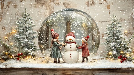 A vintage snow globe showing children building a snowman in a snowy park, with pine trees and lights, set against a rustic wooden background