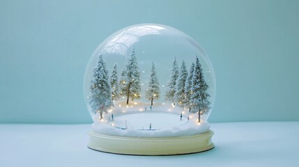 A winter wonderland inside a snow globe with an ice-skating rink surrounded by trees, gently lit with fairy lights, isolated on a pale blue background