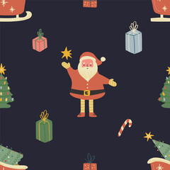 Seamless Pattern background with cute hand drawn Santa Claus, sleigh with a Christmas tree, gift boxes, candy canes.Trendy print for textiles, wallpaper and packaging. Perfect for holiday decorations