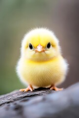 A small yellow chicken sitting on top of a rock