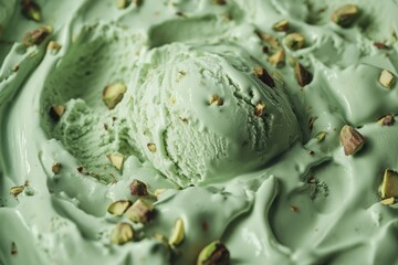 Fototapeta premium A close-up of a scoop of pistachio ice cream with visible chunks of pistachio nuts