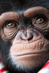  A close up of a chimpanzee's face with a red and white striped scarf