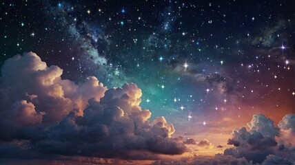 Naklejka premium A breathtaking display of stars and clouds in the night sky above a serene landscape at twilight