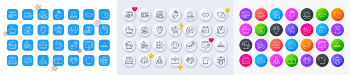 Balcony, Pillows and Discounts cart line icons. Square, Gradient, Pin 3d buttons. AI, QA and map pin icons. Pack of Discounts bubble, Hold t-shirt, Wallet icon. Suit, Bath, T-shirt pictogram. Vector