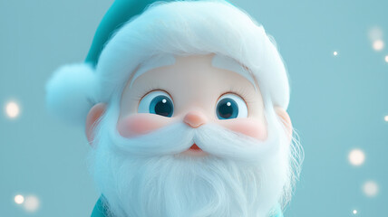 Obraz premium Adorable 3D animated Santa Claus character with big blue eyes, white fluffy beard, and turquoise hat against a light blue background with sparkles, showcasing a cute and whimsical holiday design.