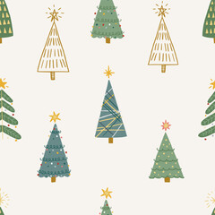 Christmas pattern background with cute hand drawn Christmas Trees. Vector seamless pattern. Trendy print for textiles, wallpaper and packaging. Perfect for holiday decorations..