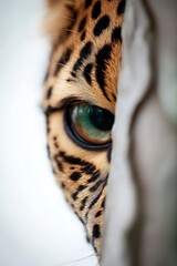  A close up of a leopard's eye peeking out from behind a wall