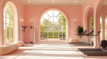 Naklejka premium Luxurious pink gym interior with arched windows, treadmills, and natural light.