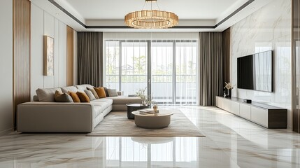 Fototapeta premium Modern living room with a large sectional sofa, coffee table, and a flat-screen TV.