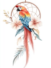 Fototapeta premium Vibrant Parrot Perched on Dreamcatcher with Tropical Flowers and Leaves