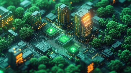 Obraz premium A futuristic city with glowing buildings and trees, surrounded by green fields.