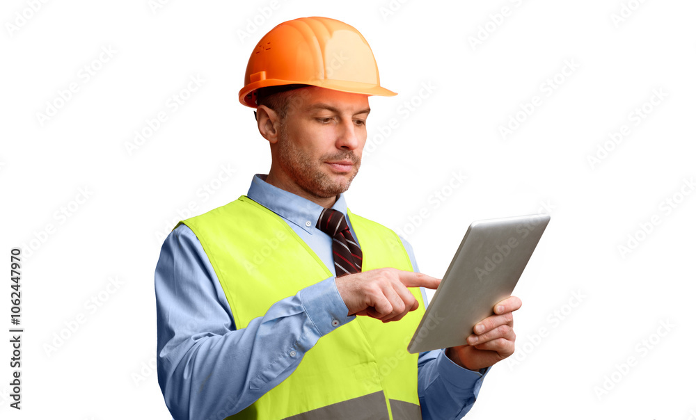 Fototapete Building Engineer Using Digital Tablet Working Online Standing Over White Studio Background. Industrial Building Engineering, Builder Using Computer Browsing Internet Concept