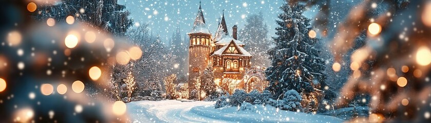 Enchanting winter wonderland a majestic castle surrounded by snowy forests and twinkling lights