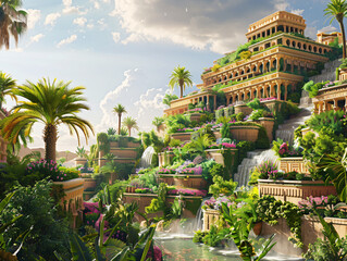 Hanging Gardens of Babylon (Iraq) – Lush terraced gardens filled with exotic greenery and flowing water, set against the ancient cityscape of Babylon, cinematic style, Compositing Core, 8k, detailed,