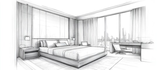 Sketch of a modern bedroom with a large bed, a desk, and a view of the city skyline.