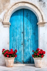 Fototapeta premium A blue door with two pots of red flowers in front of it