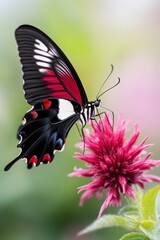 A black and red butterfly sitting on a pink flower