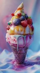 A large ice cream cone filled with pink ice cream is dripping with blue frosting onto a light blue and purple surface