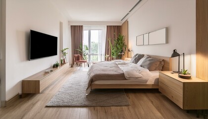 Fototapeta premium Stylish home bedroom interior with tv screen, table and window. Mock up poster