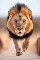 A lion running across a wooden bridge in the desert
