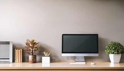 Fototapeta premium Stylish office reception interior desk with computer, mockup wall