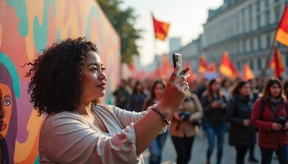Curvy black woman taking selfie with cellphone. Crowd of people protesting, holding flags. Colorful mural in background. 