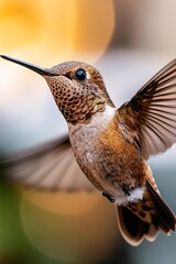 Obraz premium A hummingbird is flying through the air with its wings spread