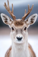 A close up of a deer with antlers in the snow