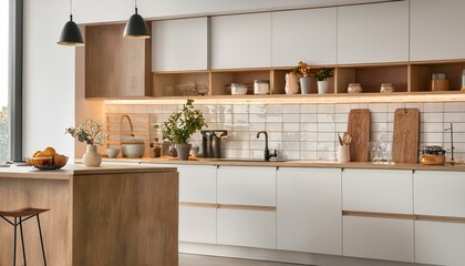 Fototapeta premium White and wooden kitchen corner with island