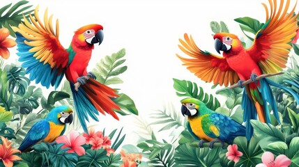 Fototapeta premium A set of colorful tropical parrots in a jungle. Birds with beaks, wings, and vibrant colors. Detailed cartoon illustrations with white background