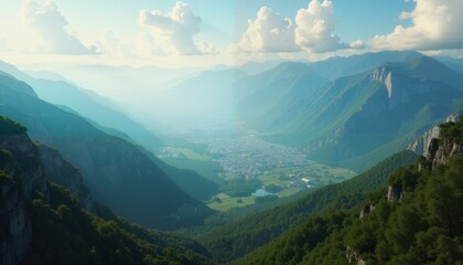 Obraz premium Valley Town Between Mountain Walls