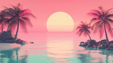 A retro sunset with pastel colors, palm trees and the ocean The minimalistic design features clean lines evoking feelings of warmth and relaxation for a summer vacation