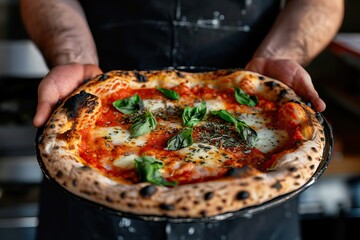Fresh pizza on black board held by hands, melted cheese, herbs, close-up of vibrant toppings