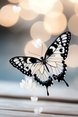 Fototapeta premium A black and white butterfly sitting on top of a wooden table