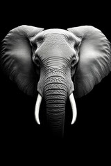 A black and white photo of an elephant with tusks