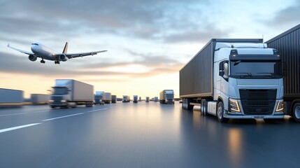 A dynamic representation of global logistics featuring connections across a world map with transport methods in motion