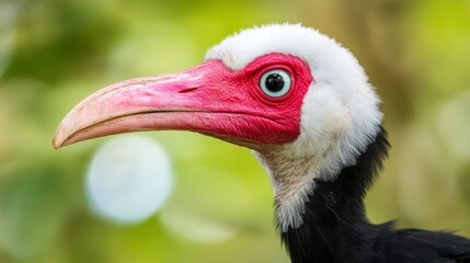 A close up of a bird with a red beak