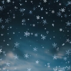 Sparkling winter snowflakes falling against a dark blue seasonal night sky background, perfect for Christmas holiday designs.