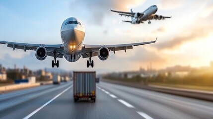 A dynamic representation of global logistics featuring connections across a world map with transport methods in motion