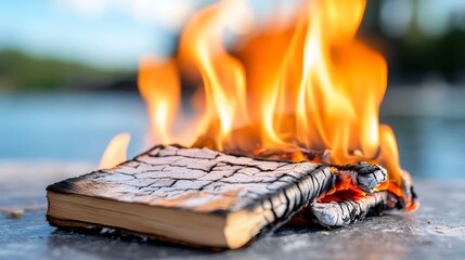 A burning book sitting on top of a table