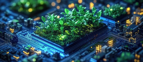Obraz premium Green Plants Growing on a Circuit Board.